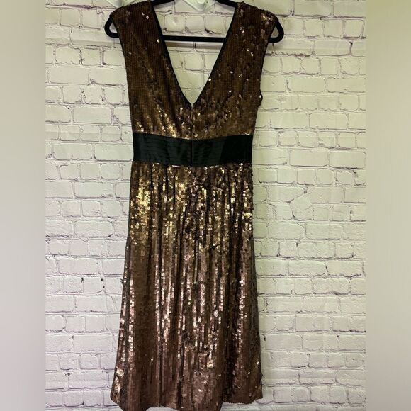 NWT BCBGMAXAZRIA Taupe Sequin Black Satin Trim 70s Glam Deep V Midi Dress Size S - Picture 2 of 13